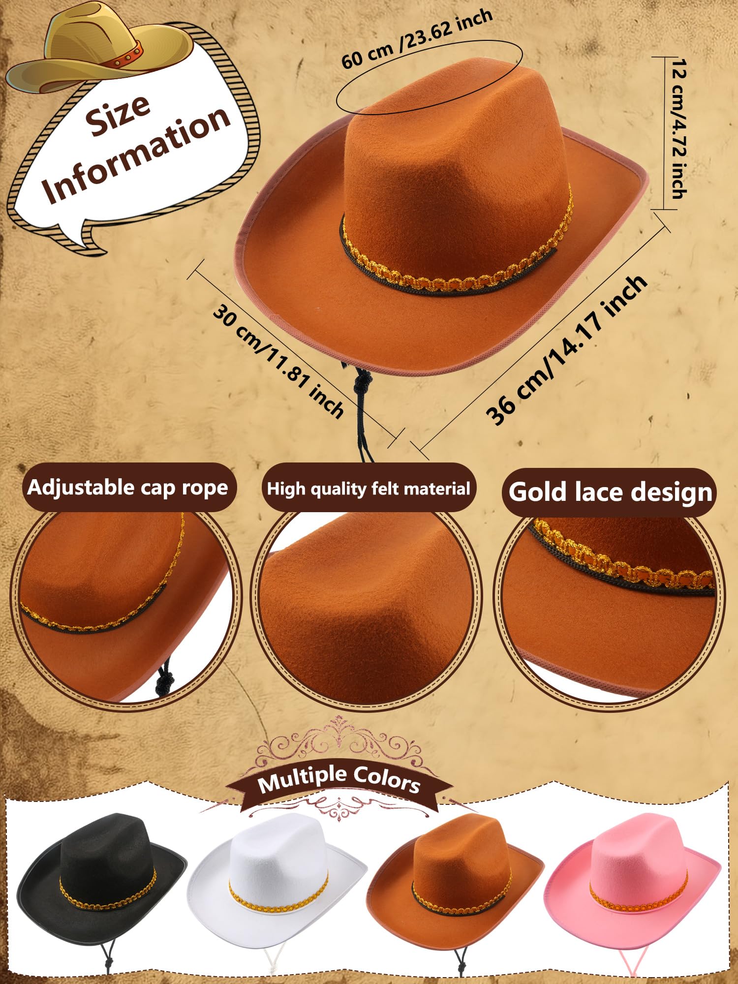 SGBETTER 4 Pack Pinch Front Cowboy Hat Novelty Western Cowboy Cowgirl Hat for Adult Halloween Cosplay Dress up Cowboy Theme Party Accessories (Black, Pink, White, Brown)