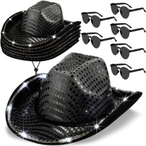 zhanmai 6 set led cowboy hat light up glitter cowboy hat with sunglasses sequin space cowgirl hat for women men costume (black)