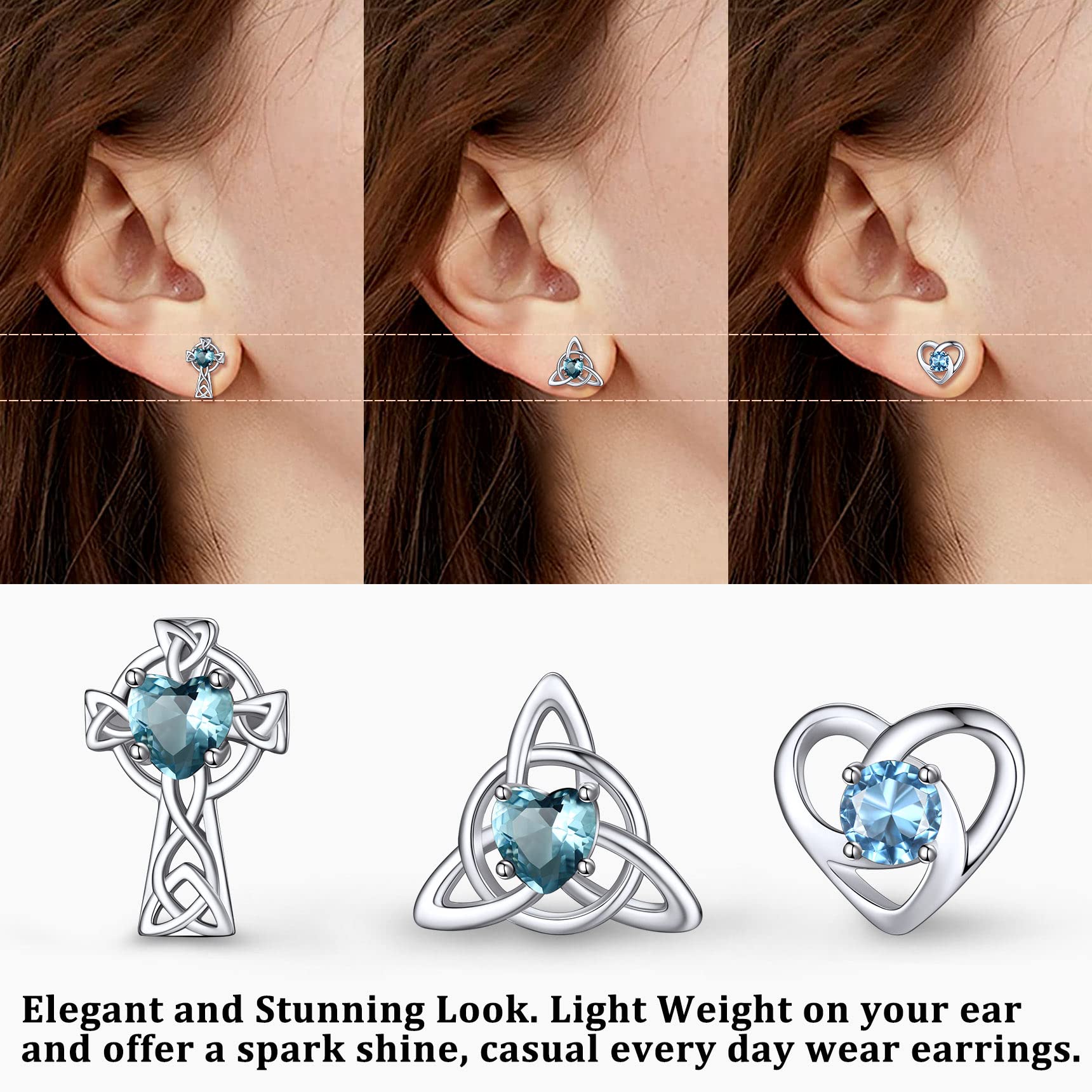 Bestyle Sterling Silver Earrings Heart Celtic Knot Stud with March Birthstone Synthetic Blue Aquamarine Crystal Birth Earrings Tiny Heart Stud Luck Irish Earrings Birthday Gifts