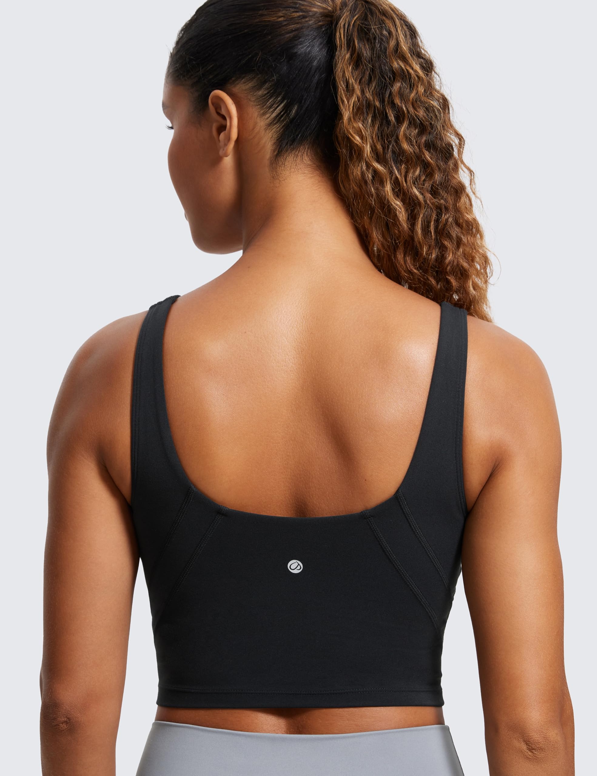 CRZ YOGA Butterluxe Womens V Neck Longline Sports Bra - U Back Padded Crop Workout Tank Tops with Built in Bra Black Small