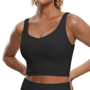 CRZ YOGA Butterluxe Womens V Neck Longline Sports Bra - U Back Padded Crop Workout Tank Tops with Built in Bra Black Small