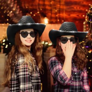 Zhanmai 6 Set LED Cowboy Hat Light Up Glitter Cowboy Hat with Sunglasses Sequin Space Cowgirl Hat for Women Men Costume (Black)