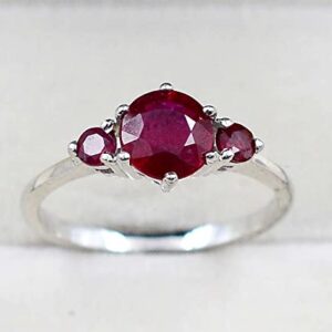 925 Sterling Silver Natural Red Ruby Gemstone 7 MM Round Cut July Birthstone Three Stone Cluster Unisex Ring For Birthday Gift (Rhodium Plated Silver, 6)