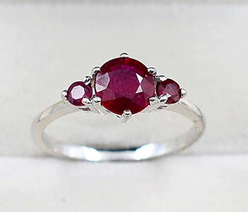 925 Sterling Silver Natural Red Ruby Gemstone 7 MM Round Cut July Birthstone Three Stone Cluster Unisex Ring For Birthday Gift (Rhodium Plated Silver, 6)