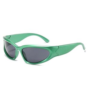 BAWUYI Fashion Y2K Wrap Around Sunglasses for Men Women 2000s Accessories Cool Cyber Glasses Sports Biker Shades Shield (Green Frame-Grey Lens)