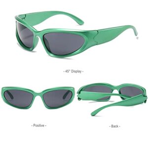 BAWUYI Fashion Y2K Wrap Around Sunglasses for Men Women 2000s Accessories Cool Cyber Glasses Sports Biker Shades Shield (Green Frame-Grey Lens)