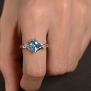 LUO 925 Sterling Silver Swiss Blue Topaz Ring Kite Set Square Cut 7X7 MM Engagement Ring for Women US Size 5