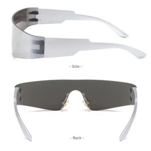 BAWUYI Y2K Futuristic Wrap Around Sunglasses Men Women Visor Cyber Glasses Sports Monoblock Cyclops (Silver Frame-Mirror Silver Lens)