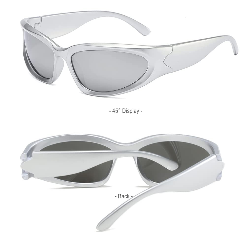 BAWUYI Fashion Y2K Wrap Around Sunglasses for Men Women 2000s Accessories Cool Cyber Glasses Sports Biker Shades Shield (Silver Frame-Mirror Silver Lens)