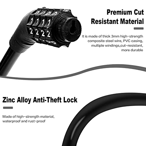 Fusiontec Bike Lock Cable, Bike Locks Heavy Duty Anti Theft, 2 Pcs Security 4 Digit Resettable Combination Bike Cable Lock, Portable Code Lock Cable for Bicycle, Black