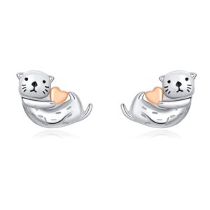 sea otter stud earrings 925 sterling silver post tiny cute animal promise love heart statement for women small cartilage piercing jewelry delicate lovely gifts daughter niece birthday xmas