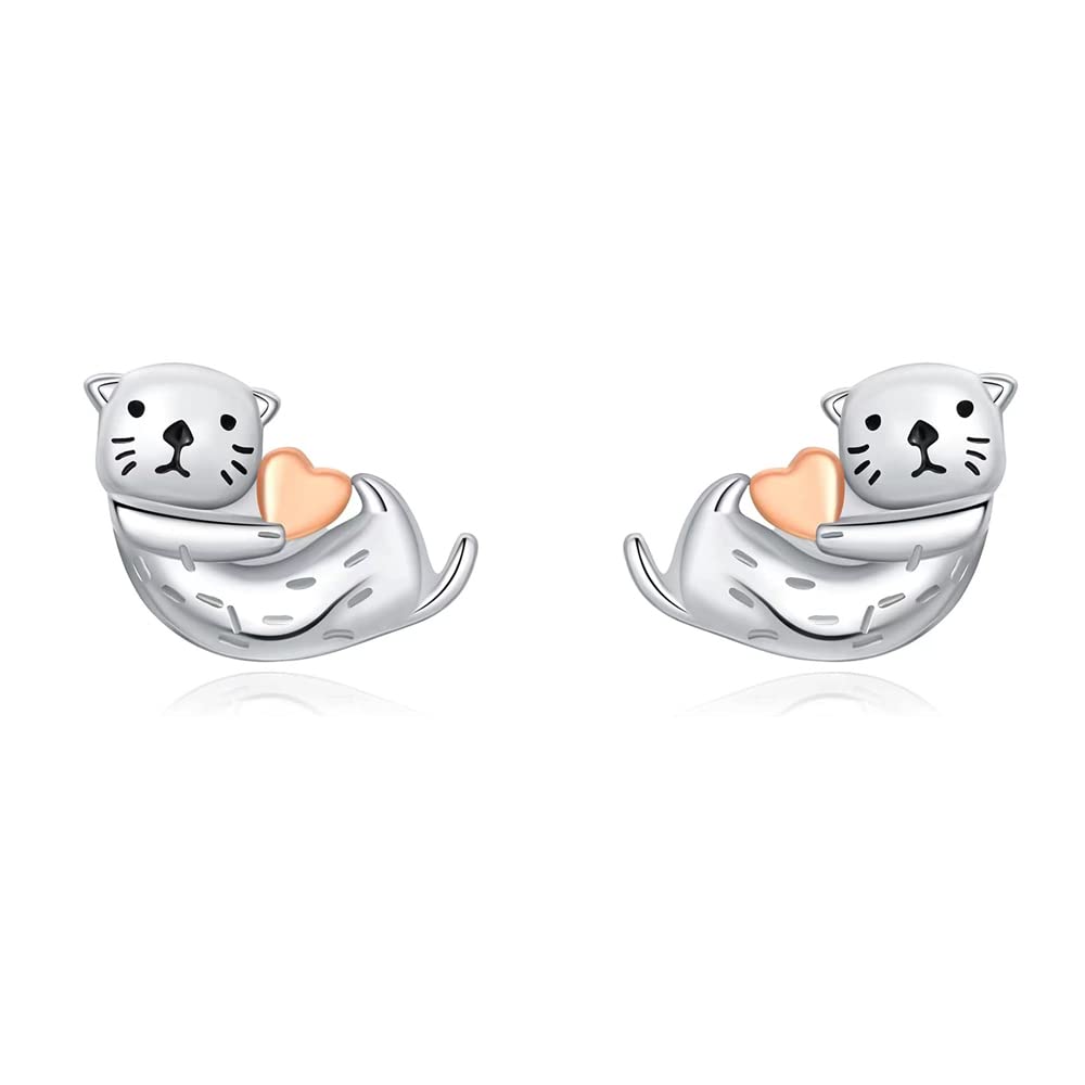 Sea Otter Stud Earrings 925 Sterling Silver Post Tiny Cute Animal Promise Love Heart Statement for Women Small Cartilage Piercing Jewelry Delicate Lovely Gifts Daughter Niece Birthday Xmas