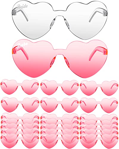 Dunzy 24 Pieces Bride Babe Heart Sunglasses Rimless Heart Shape Sunglasses Bachelorette Sunglasses for Wedding Party