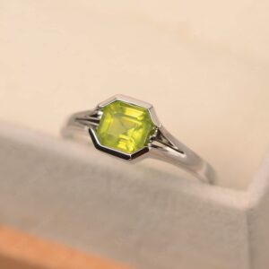 LUO 925 Sterling Silver Asscher Cut 6X6 MM Peridot Ring Anniversary Ring for Women US Size 10