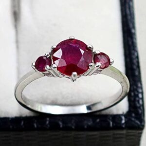 925 Sterling Silver Natural Red Ruby Gemstone 7 MM Round Cut July Birthstone Three Stone Cluster Unisex Ring For Birthday Gift (Rhodium Plated Silver, 6)