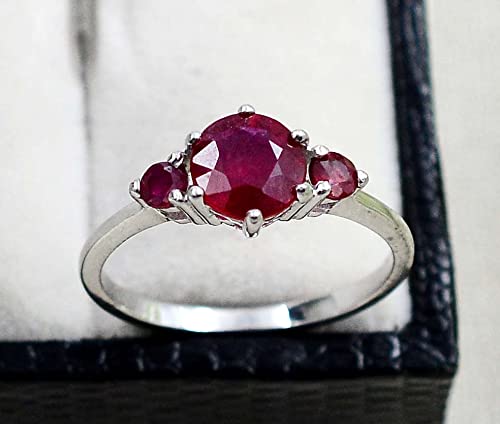 925 Sterling Silver Natural Red Ruby Gemstone 7 MM Round Cut July Birthstone Three Stone Cluster Unisex Ring For Birthday Gift (Rhodium Plated Silver, 6)