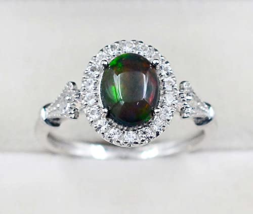 Gemstone 925 Solid Silver 9X7 MM Natural Black Opal Oval October Birthstone Solitaire Unisex Ring For Wedding Gift (Rhodium Plated Silver, 6)