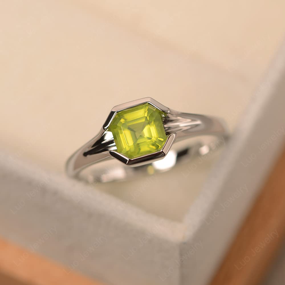 LUO 925 Sterling Silver Asscher Cut 6X6 MM Peridot Ring Anniversary Ring for Women US Size 10