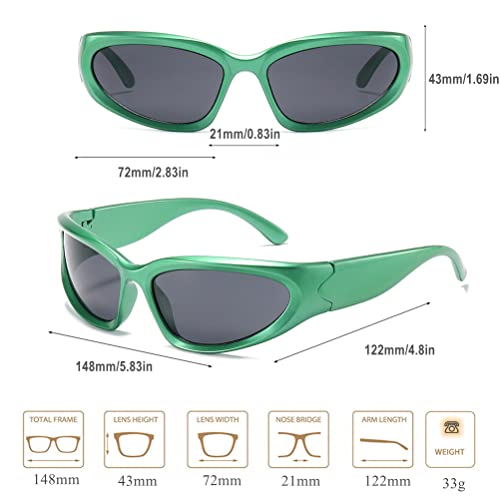 BAWUYI Fashion Y2K Wrap Around Sunglasses for Men Women 2000s Accessories Cool Cyber Glasses Sports Biker Shades Shield (Green Frame-Grey Lens)