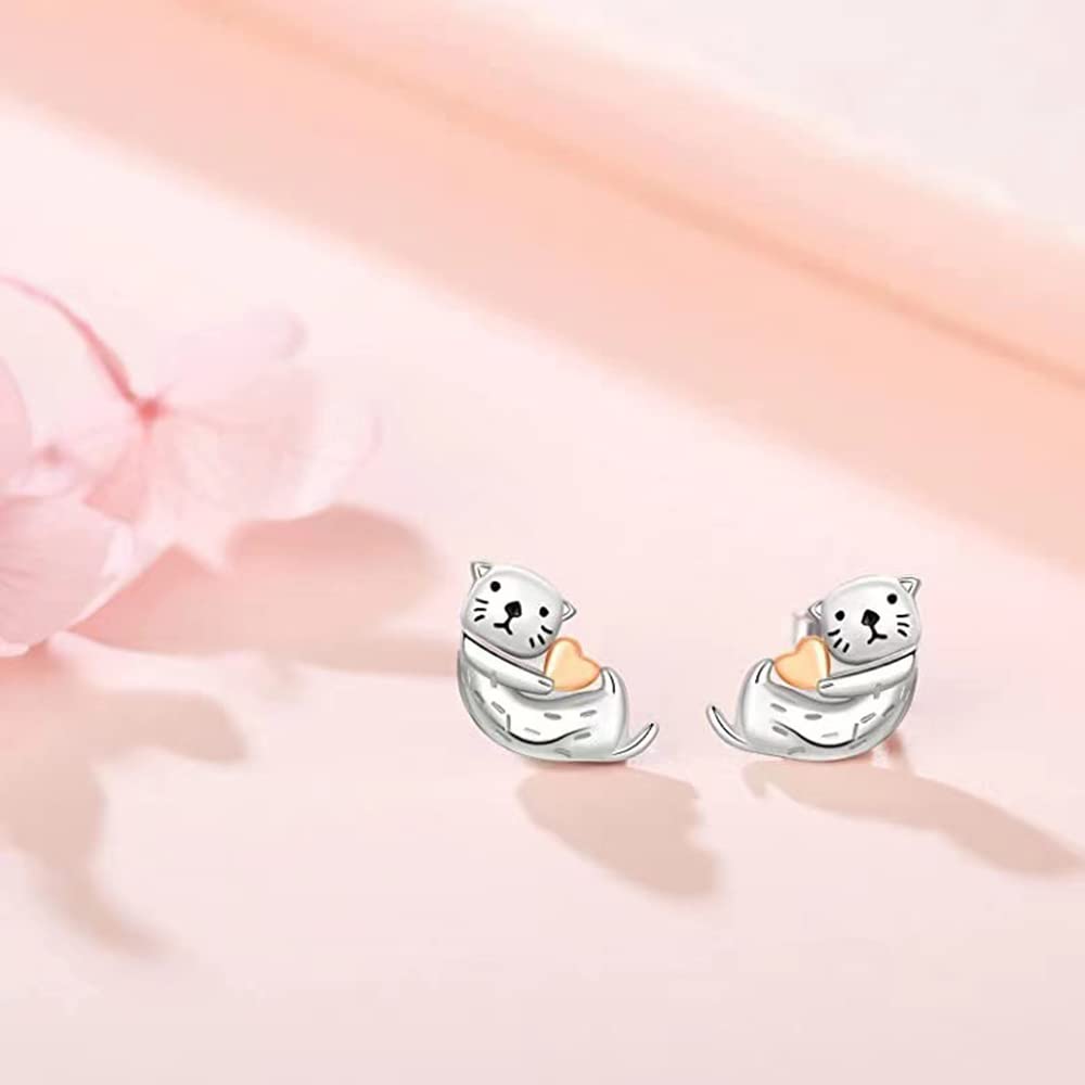 Sea Otter Stud Earrings 925 Sterling Silver Post Tiny Cute Animal Promise Love Heart Statement for Women Small Cartilage Piercing Jewelry Delicate Lovely Gifts Daughter Niece Birthday Xmas