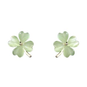 green cat eye's clover flower earrings for women 925 sterling silver post pin hypoallergenic lucky love heart 4 leaf shamrock small cute studs earring dainty gifts for mother sister aunt (jade-green)