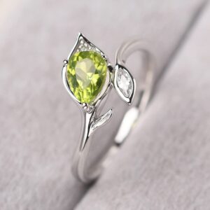 LUO S925 Sterling Silver Pear Shaped 0.82 Carat Peridot Ring Leaf Promise Ring August Birthstone Ring for Women Mother's Day Gifts US Size 7