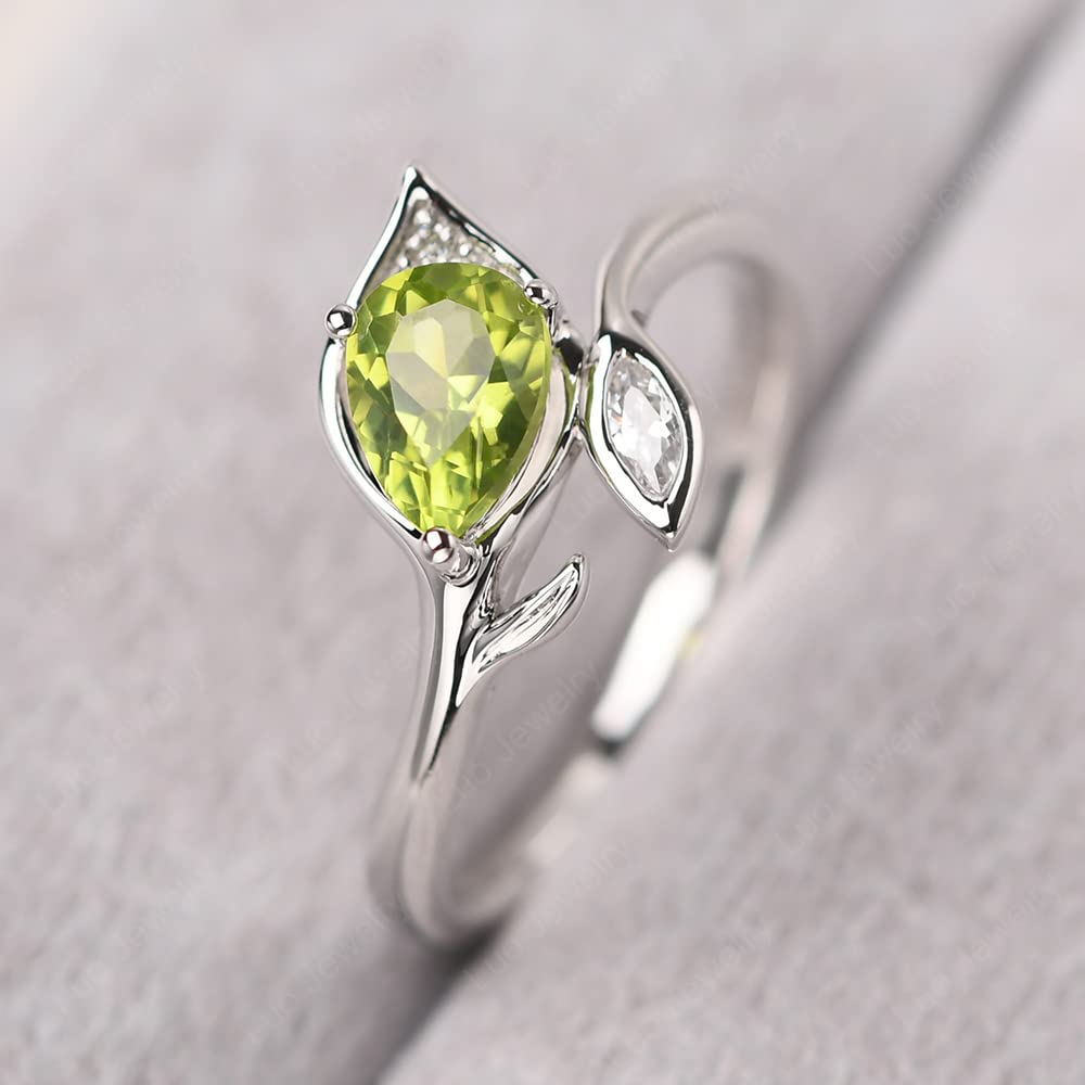 LUO S925 Sterling Silver Pear Shaped 0.82 Carat Peridot Ring Leaf Promise Ring August Birthstone Ring for Women Mother's Day Gifts US Size 7