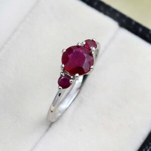 925 Sterling Silver Natural Red Ruby Gemstone 7 MM Round Cut July Birthstone Three Stone Cluster Unisex Ring For Birthday Gift (Rhodium Plated Silver, 6)