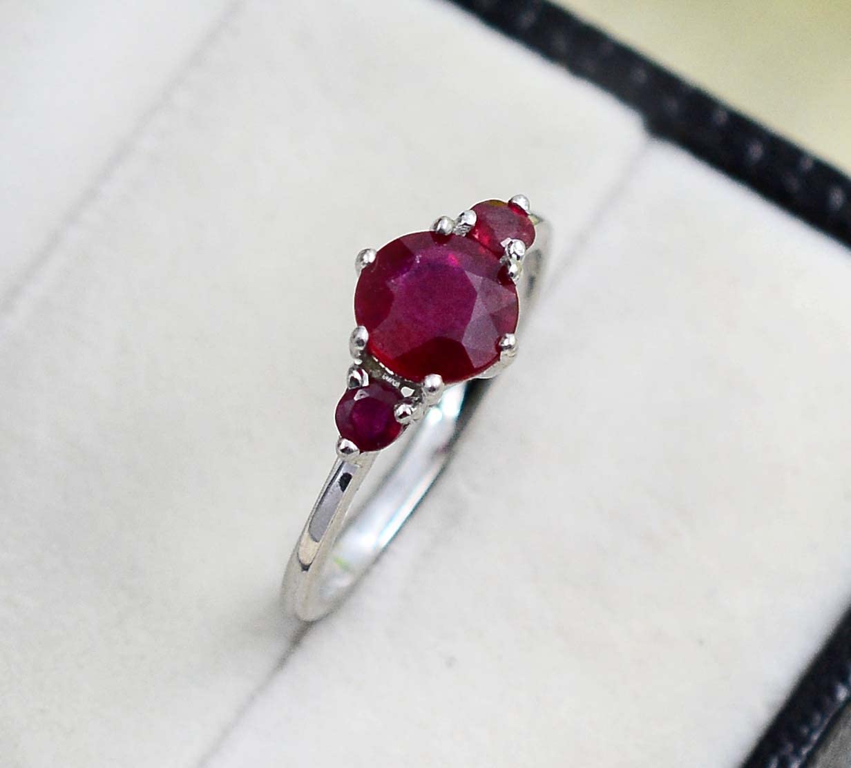 925 Sterling Silver Natural Red Ruby Gemstone 7 MM Round Cut July Birthstone Three Stone Cluster Unisex Ring For Birthday Gift (Rhodium Plated Silver, 6)