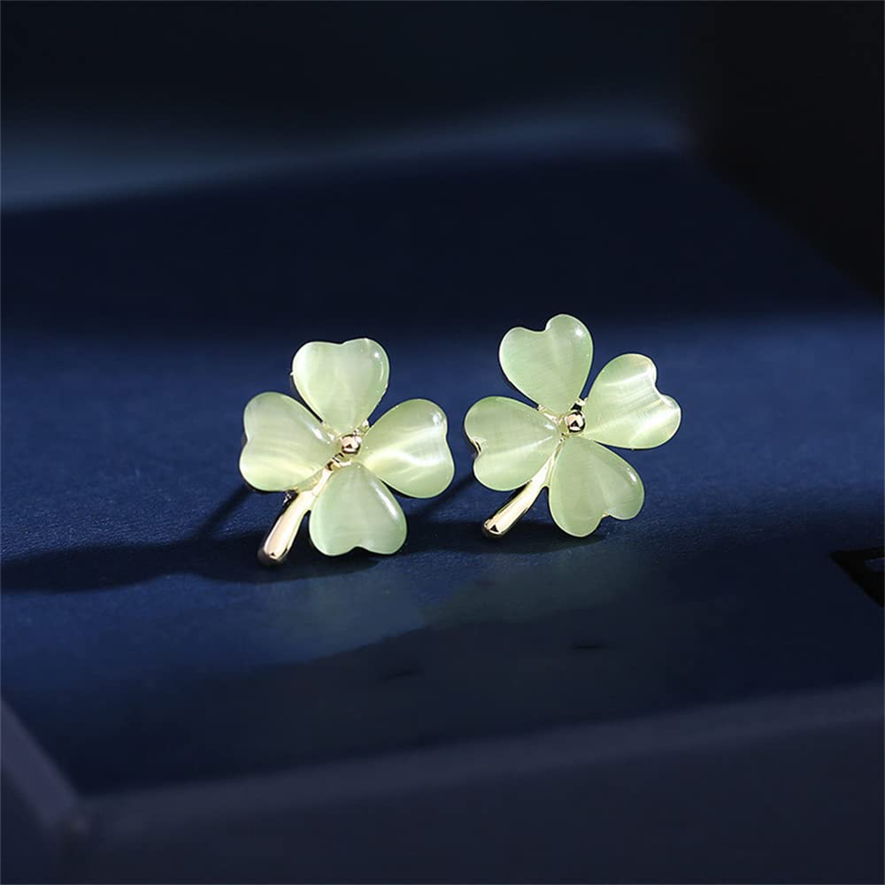 Green Cat Eye's Clover Flower Earrings for Women 925 Sterling Silver Post Pin Hypoallergenic Lucky Love Heart 4 Leaf Shamrock Small Cute Studs Earring Dainty Gifts for Mother Sister Aunt (Jade-Green)