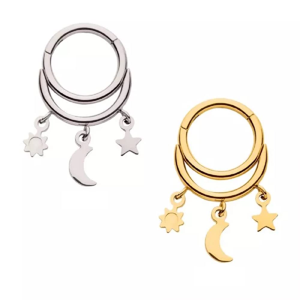 Pierced Owl 16GA 316L Stainless Steel Double Hoop with Sun, Star and Crescent Moon Dangling Charms Hinged Segment Clicker Ring (Gold Tone)