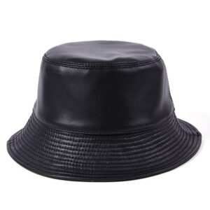 Unisex Retro Fashion PU Leather Bucket Hat Reversible Solid Trendy Sun Hat for Men Women