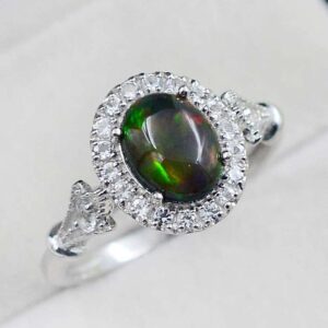 Gemstone 925 Solid Silver 9X7 MM Natural Black Opal Oval October Birthstone Solitaire Unisex Ring For Wedding Gift (Rhodium Plated Silver, 6)