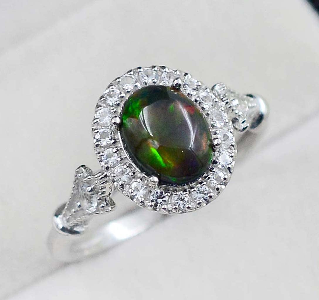 Gemstone 925 Solid Silver 9X7 MM Natural Black Opal Oval October Birthstone Solitaire Unisex Ring For Wedding Gift (Rhodium Plated Silver, 6)