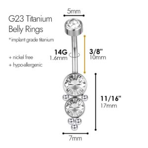 Arardo G23 Solid Titanium Belly Button Rings Piercing,ASTM F136 Implant Grade Titanium Navel Rings,Nickel Free,Low Gloss Polished Bar Smooth Surface,Crystal CZ,14G,2Pcs, BR36