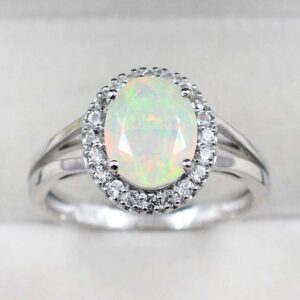 Natural 10X8 MM Welo Ethiopian Opal Cut Gemstone Oval Shape October Birthstone 925 Sterling Silver Solitaire Ring For Bridal Gift (Rhodium Plated Silver, 8)