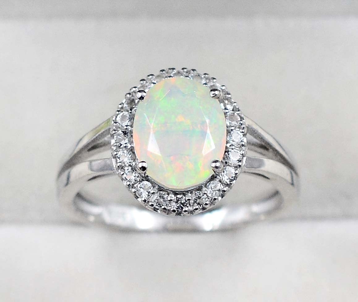 Natural 10X8 MM Welo Ethiopian Opal Cut Gemstone Oval Shape October Birthstone 925 Sterling Silver Solitaire Ring For Bridal Gift (Rhodium Plated Silver, 8)