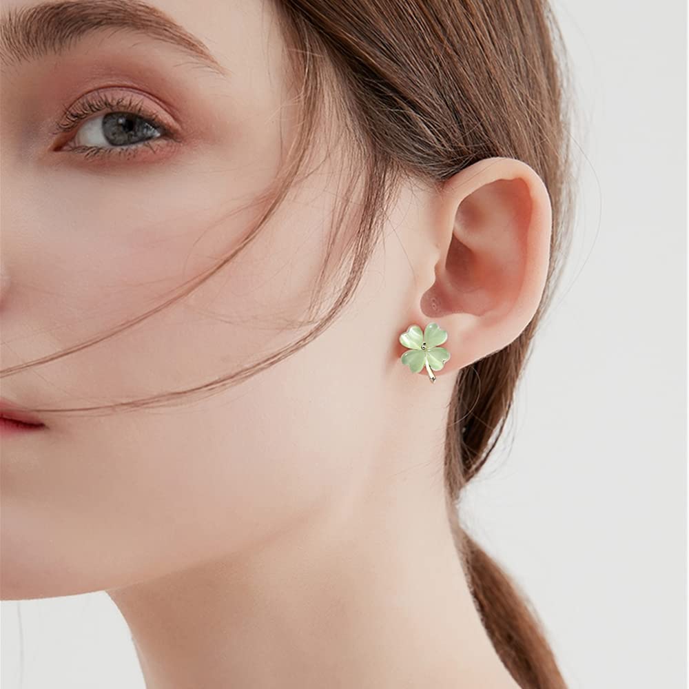 Green Cat Eye's Clover Flower Earrings for Women 925 Sterling Silver Post Pin Hypoallergenic Lucky Love Heart 4 Leaf Shamrock Small Cute Studs Earring Dainty Gifts for Mother Sister Aunt (Jade-Green)