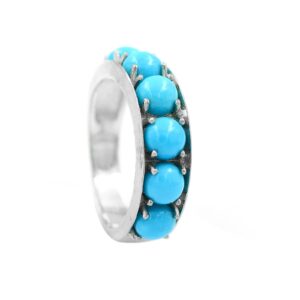 5 MM Round Cabochon Natural Sleeping Beauty Turquoise Gemstone 925 Sterling Silver December Birthstone Cluster Unisex Proposal Ring For Girlfriend Gift (Rhodium Plated Silver, 9.5)