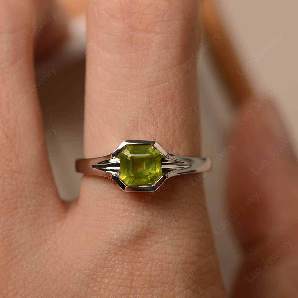 LUO 925 Sterling Silver Asscher Cut 6X6 MM Peridot Ring Anniversary Ring for Women US Size 10