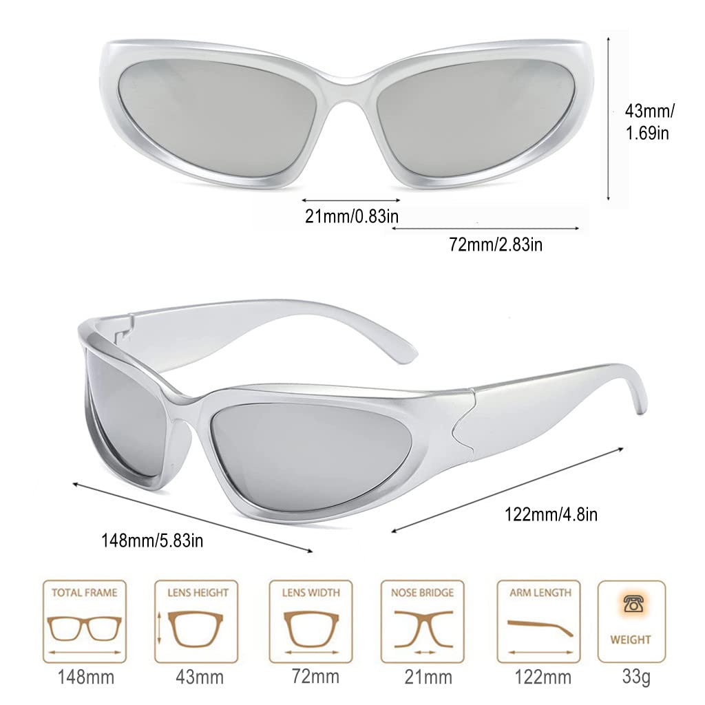 BAWUYI Fashion Y2K Wrap Around Sunglasses for Men Women 2000s Accessories Cool Cyber Glasses Sports Biker Shades Shield (Silver Frame-Mirror Silver Lens)