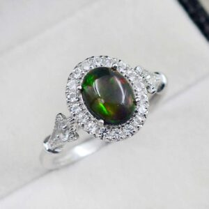 Gemstone 925 Solid Silver 9X7 MM Natural Black Opal Oval October Birthstone Solitaire Unisex Ring For Wedding Gift (Rhodium Plated Silver, 6)