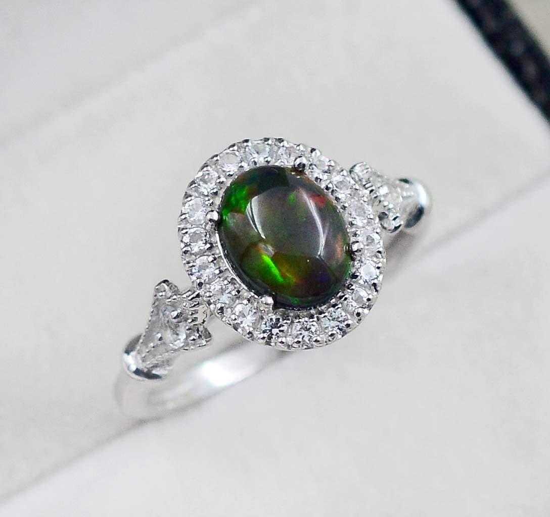 Gemstone 925 Solid Silver 9X7 MM Natural Black Opal Oval October Birthstone Solitaire Unisex Ring For Wedding Gift (Rhodium Plated Silver, 6)