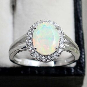 Natural 10X8 MM Welo Ethiopian Opal Cut Gemstone Oval Shape October Birthstone 925 Sterling Silver Solitaire Ring For Bridal Gift (Rhodium Plated Silver, 8)