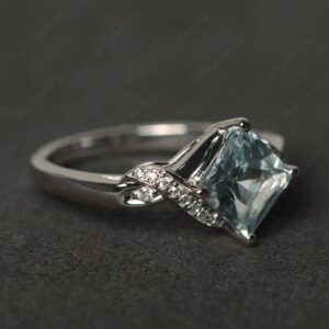 LUO 925 Sterling Silver Aquamarine Ring Kite Set Square Cut 7X7 MM Engagement Ring for Women US Size 6