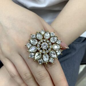 Dtja Boho Geometric CZ Flower Statement Ring for Women Gold Tone Bohemian Antique Mosaic Crystal Expandable Adjustable Open Wrap Finger Rings Comfort Fit Exaggerated Indian Bollywood Party Jewelry