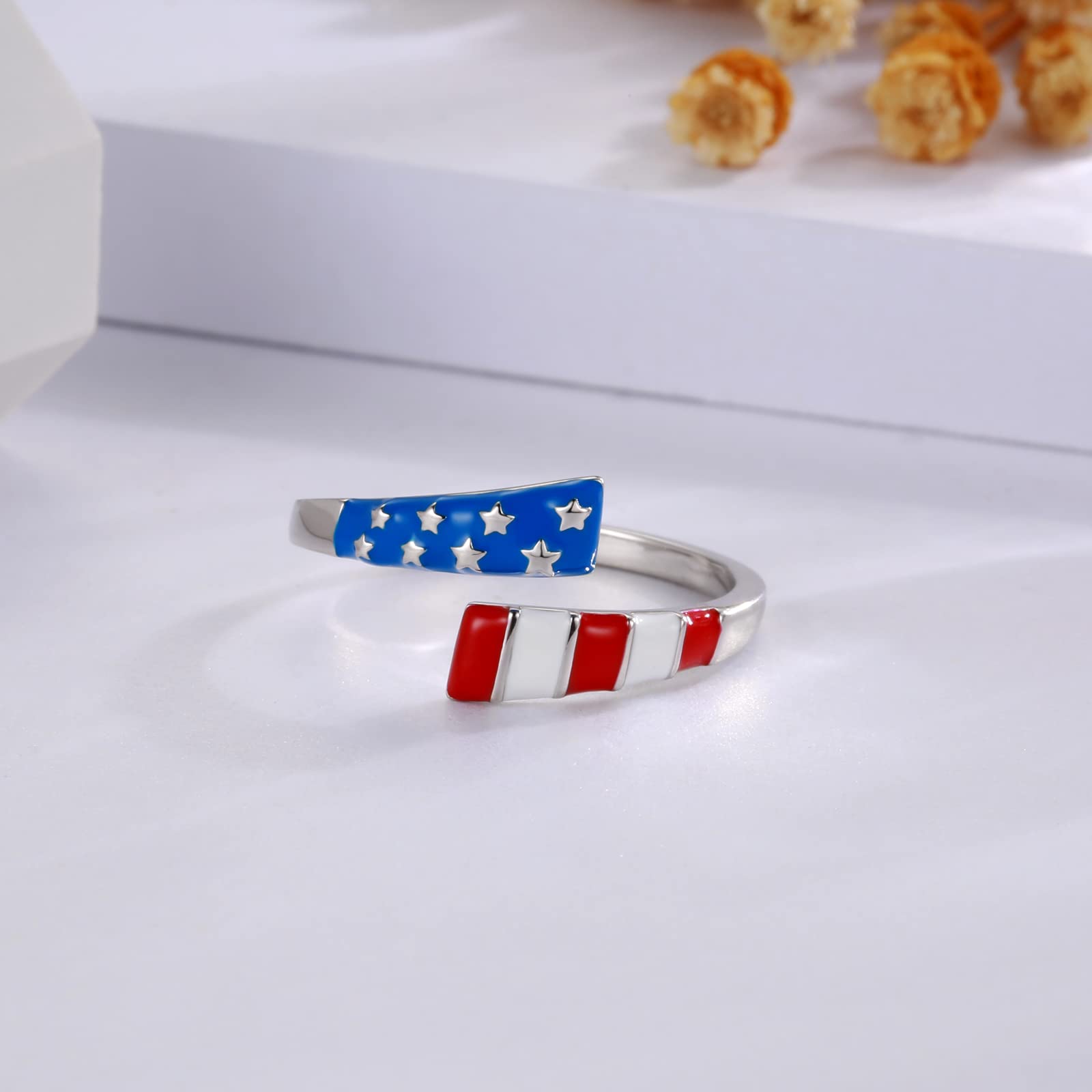 APOTIE Silver USA America Flag Ring - S925 Patriotic Independence Day Star Jewelry 4th of July Gifts for Women (America Flag1)