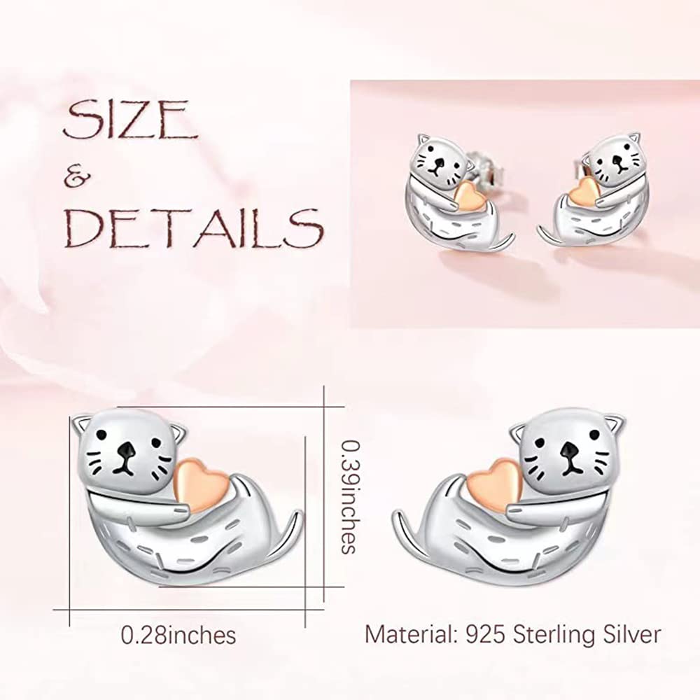 Sea Otter Stud Earrings 925 Sterling Silver Post Tiny Cute Animal Promise Love Heart Statement for Women Small Cartilage Piercing Jewelry Delicate Lovely Gifts Daughter Niece Birthday Xmas