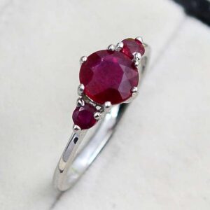 925 Sterling Silver Natural Red Ruby Gemstone 7 MM Round Cut July Birthstone Three Stone Cluster Unisex Ring For Birthday Gift (Rhodium Plated Silver, 6)