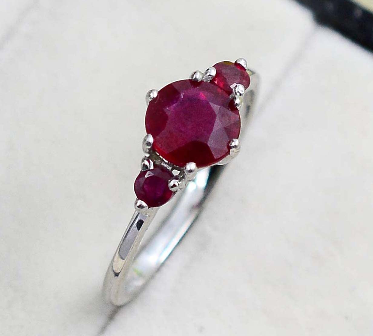 925 Sterling Silver Natural Red Ruby Gemstone 7 MM Round Cut July Birthstone Three Stone Cluster Unisex Ring For Birthday Gift (Rhodium Plated Silver, 6)